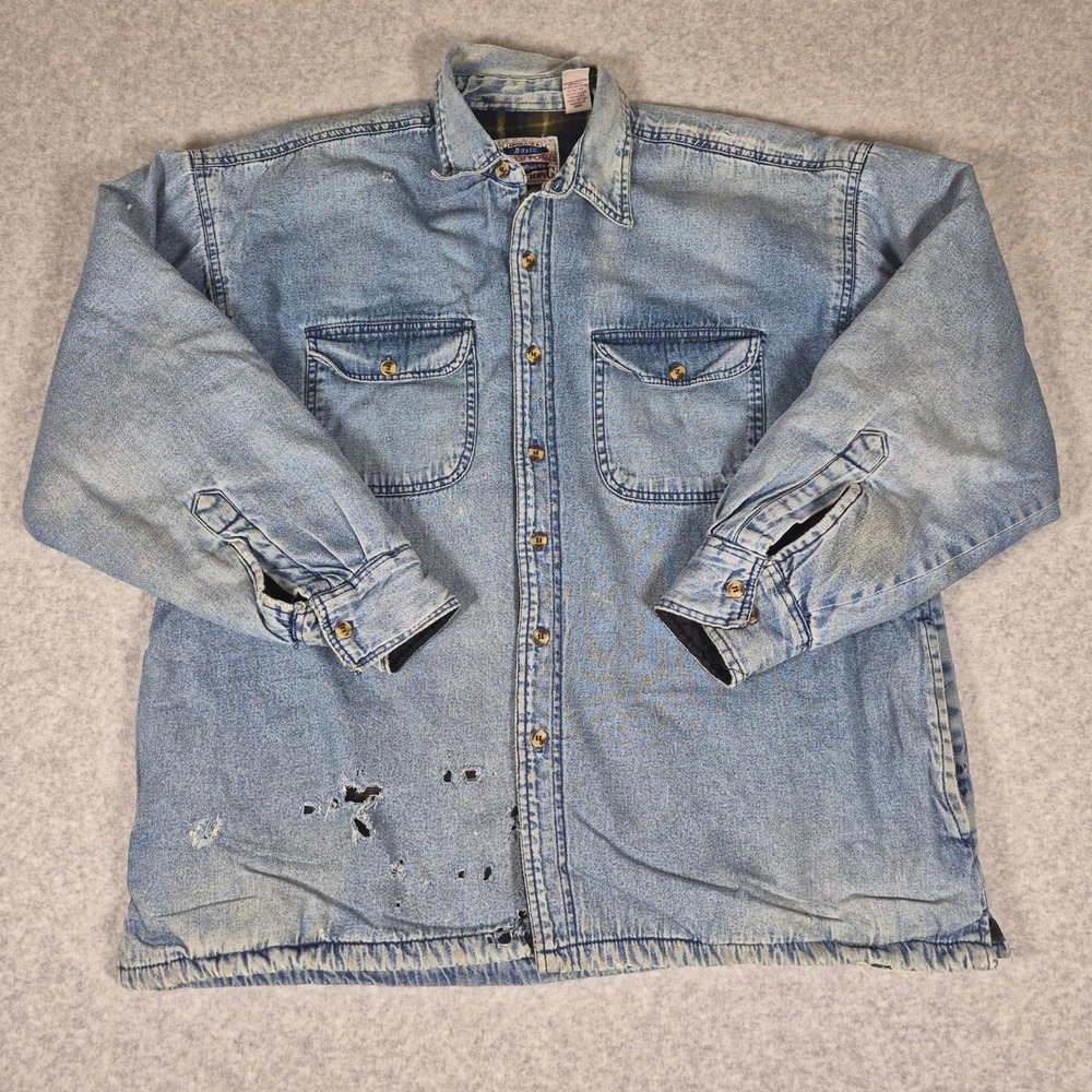 Vintage Reservoir Basic Denim Shirt Jacket Mens Large Blue Fleece Lined Distress